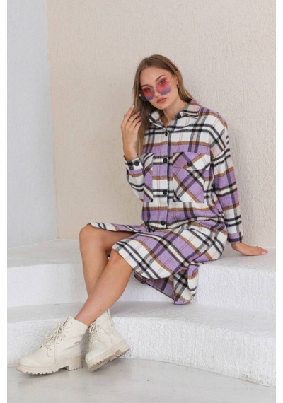 Polologin Butik Mor Beyaz Ekoseli Kışlık Gömlek Elbise Mor