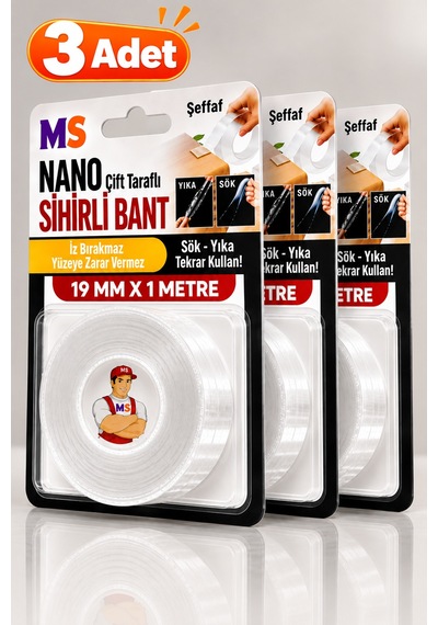 3 Adet Çift Taraflı Yapışkanlı Nano Sihirli Bantı 19mm X 1 Metre Şeffaf Silikon Sök Yıka Kullan Bandı