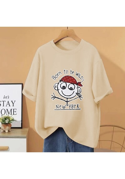 Flood Of Style Komik Doğan Olmak Vahşi New York Grafik Baskı T Shirt Erkek Kadın Rahat Tee Boy Pamuk Bej