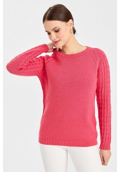 Desen Triko Kadın Sıfır Yaka Kolu Saç Örgü Yün Kazak 23201 Y.ş. Pembe Koyu Pembe