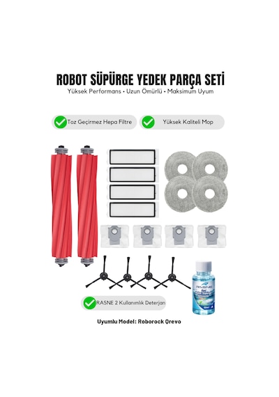 Roborock Qrevo İle Uyumlu 2 Ana Fırça 4 Siyah Yan Fırça 4 Filtre 4 Mop 1 Deterjan 4 Toz Torbası 8.0