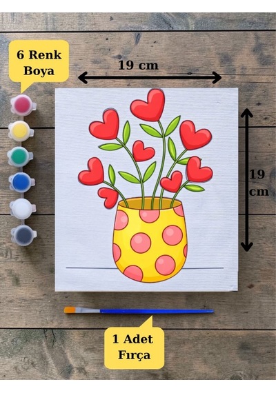 Çocuklara Özel Saksıda Çiçek Baskılı Tuval Boyama Aktivite Seti 19x19 Cm Tuval, Fırça Ve 6 Renk Akrilik Boya Seti