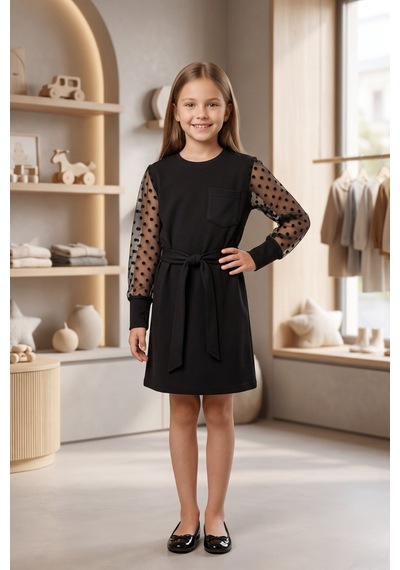 New Kids Kız Çocuk Elbise Tül Kol Puantiyeli Kol Fırfır Manşetli Detaylı Syh Tam Kalıp Yeni Sezon -91256 Siyah