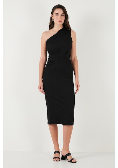 Lela Desenli Slim Fit Midi Boy Tek Omuzlu Bayan Elbise 5866202 Siyah