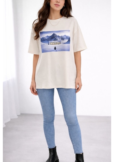 Soft&Basic Kadın %100 Organik Pamuk Baskılı Bisiklet Yaka T-shirt Beyaz