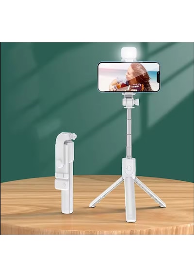 Beyaz Renk Işıklı Bluetooth Kumandalı Dikey Ve Yatay Çekim Tripodlu Selfie Çubuğu Öz Çekim Tripodu