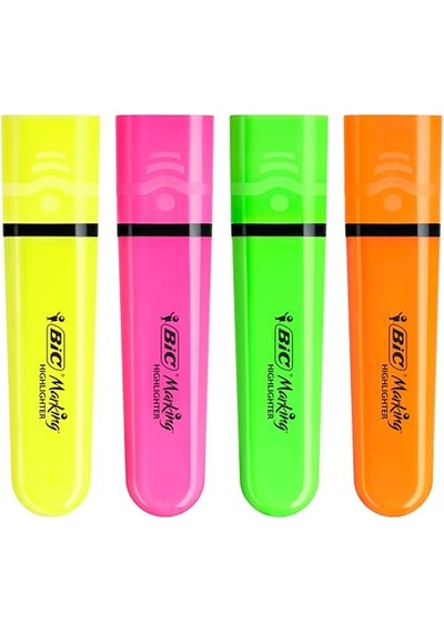 Marking Flat Higlighter Fosforlu Kalem 4'lü Blister, 4 Renk Sarı, Turuncu, Pembe, Yeşil , Su Bazlı, Hızlı Kuruyan Genel