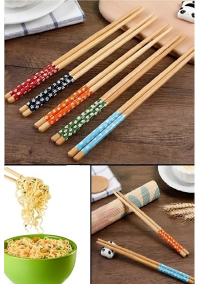 Mucit Home 5 Çift Bambu Chopstick Desenli Yıkanabilir Çin Suşi Ramen Noodle Yemek Çubuğu