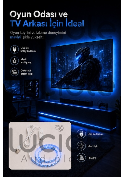 1 Metre 5v Usb Mavi Şerit Led Aç Kapa Anahtarlı Tv Arkası Gaming Masa Araç Dekoratif Işık