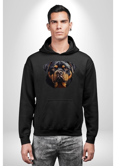 Rottweiler Kafası Kadın Erkek Siyah Kapüşonlu Sweatshirt Hoodie Siyah