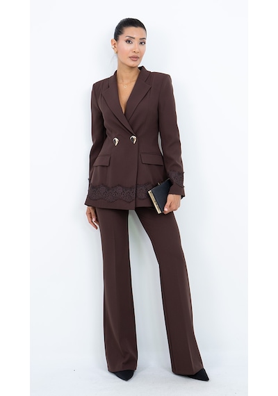 Dorne Moda Kadın Dantel Detaylı Gold Düğmeli Blazer Ceket Pantolon İkili Takım Bordo
