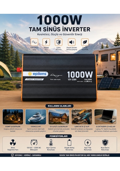 1000w Tam Sinüs İnverter 12v Ac Çevirici Sessiz Fanlı, Usb Çıkışlı, Araç Karavan Tekne Solar Uyuml