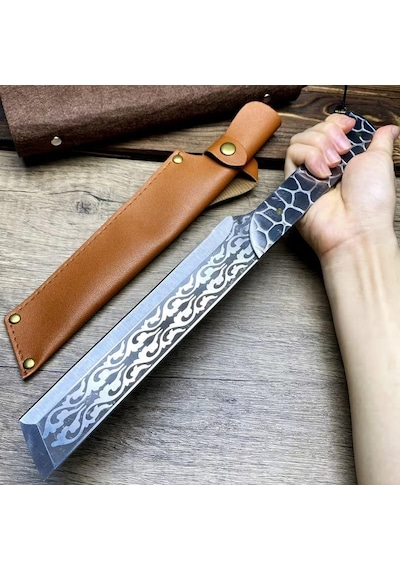Valkyrie Paslanmaz Çelik Desenli Çok Amaçlı Mutfak Ve Kamp Bıçağı Kılıflı Dayanıklı Tasarım 33.8 Cm Siyah