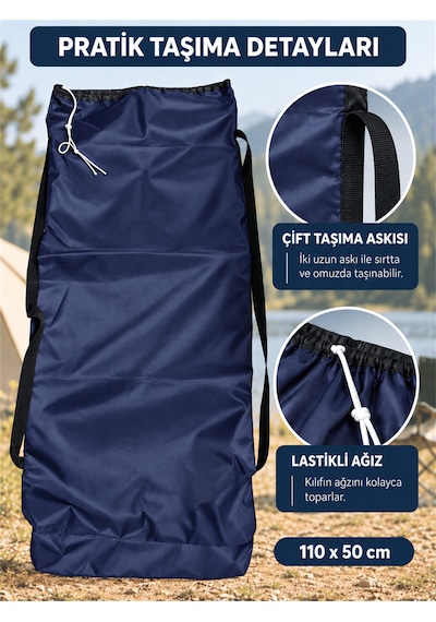 Beylini 2 Sandalye Kapasiteli Lastikli Kamp Sandalyesi Kılıfı Omuz Askılı Piknik Plaj Katlanır Sandalye Taşıma Çantası Paraşüt Kumaş 110 X 50 Cm Lacivert
