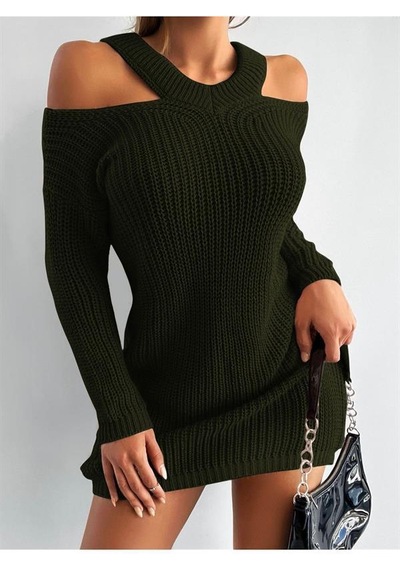 Aqe Fashion Kadın Omuzu Açık Uzun Kollu Midi Boy Tam Kalıp Haki Triko Elbise Haki