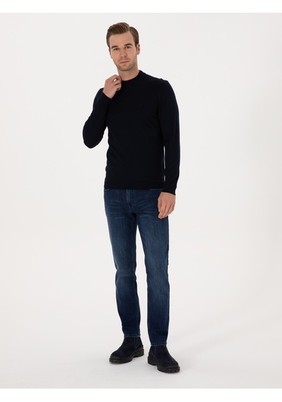 Cacharel Lacivert Slim Fit Yün Karışımlı Çeyrek Balıkçı Basic Triko Kazak