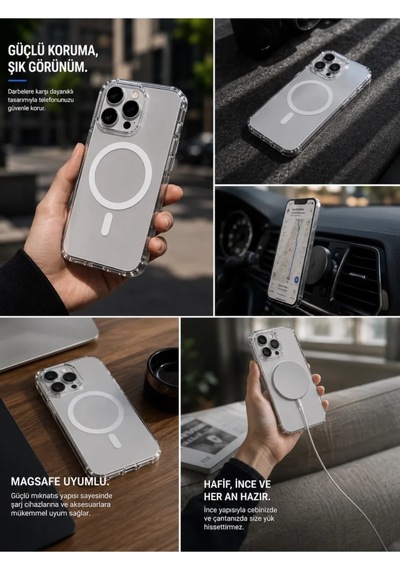 iPhone Uyumlu 17 Premium Şeffaf Mika Sararmaz Sert Magsafe Kılıf