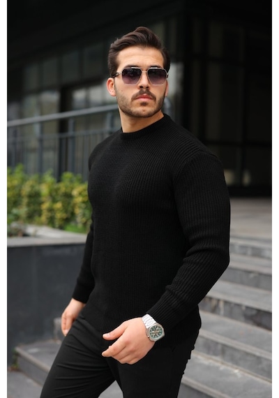 Efnaz Style Erkek Bisiklet Yaka Örme Kazak Siyah