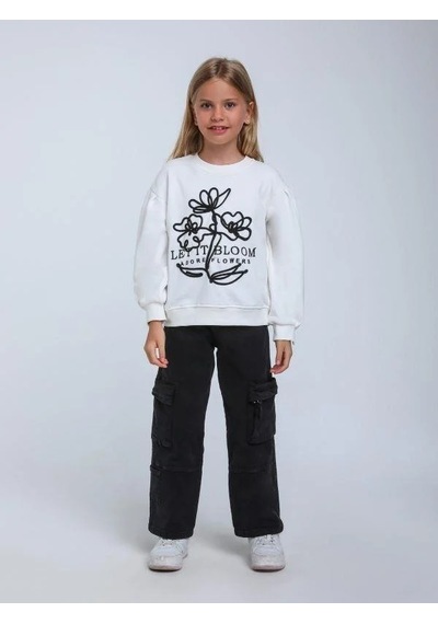 Kız Çocuk Çiçek Nakışlı Sweatshirt-14248 Beyaz