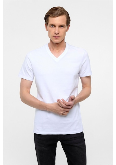 Süvari Beyaz Slim Fit Düz V Yaka Tişört