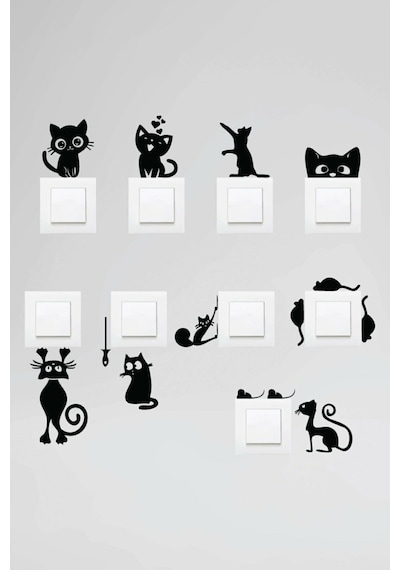 Sptl Priz Kedi Sticker Set Siyah Etiket Duvar Sticker-8 Renkli