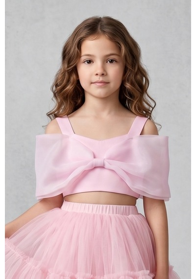 Le Mabelle Pembe Büyük Fiyonklu Kız Çocuk Crop Bluz - Edith Pembe