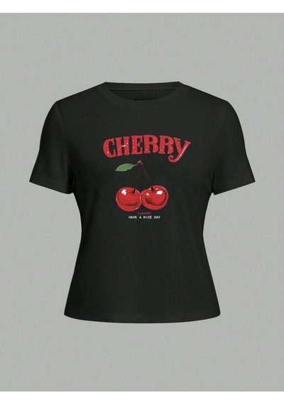 Cherry Happy Baskılı Siyah Tshirt Anne Kız Kombin - Oversize Bisiklet Yaka Tişört Siyah-279076 Cherry Happy Baskılı Siyah Tshirt Anne Kız Kombin - Oversize Bisiklet Yaka Tişört Siyah-279076