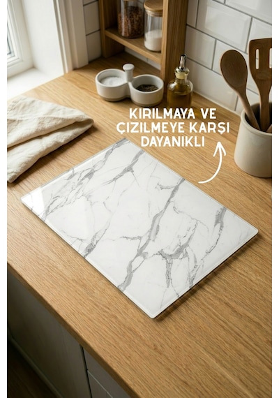 Klasik Mermer Desenli Cam Kesim Tahtası - 25x35cm -dayanıklı Ve Pratik Kesim Matı Beyaz