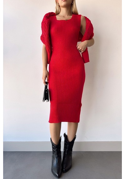 Flex Fashıon Boğazlı Kırmızı Saç Örgü Motifli Crop Kazak Ve Triko Elbise Takım Kırmızı - 612102340 Kırmızı - 612102340 Kırmızı