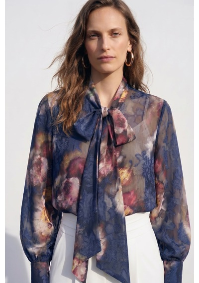 Sateen Fularlı Desenli Gömlek - Lacivert-137420