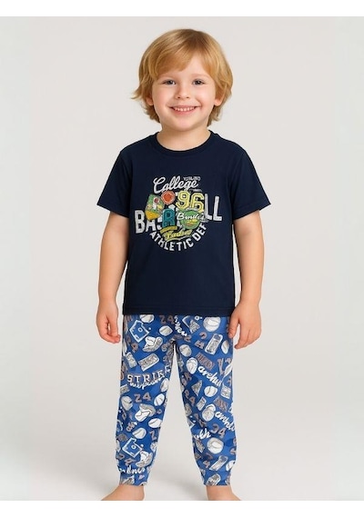 Zekids Erkek Çocuk Pamuklu Kısa Kol College Pijama Takımı-16061 Lacivert