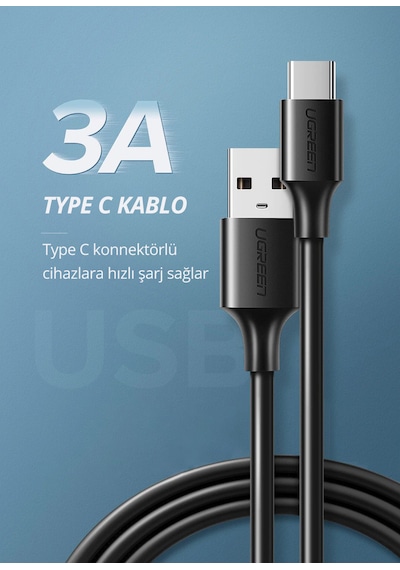 Ugreen 60116 USB-C to USB-A 3A QC Hızlı Şarj Kablosu 1 Metre Siyah