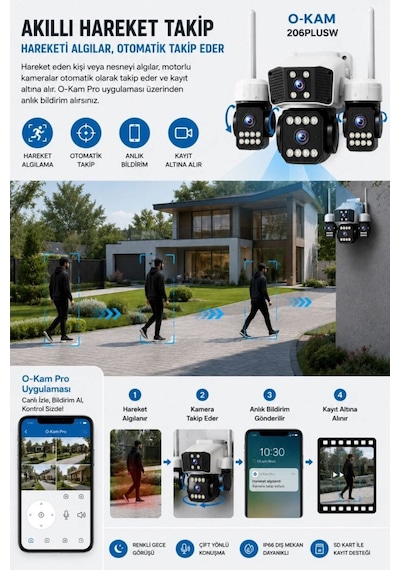 O-kam Ok-206w Wifi 12mp 4 Lens Aov Sirenli Gece Görüş Sesli Akıllı Güvenlik Kamerası Kişi Takibi Adaptör li