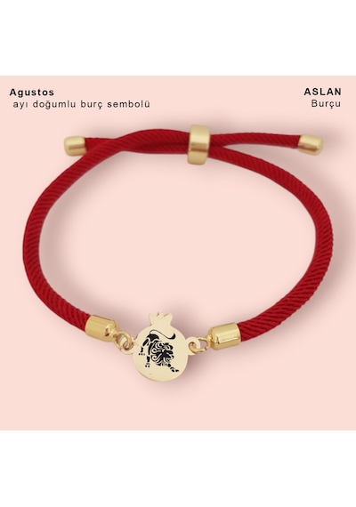 Aslan Burçları İçin Nar Motifli İpek Örgülü 14 Ayar Altın Plakalı Hediye Bileklik-323burç-kırmızı Altın