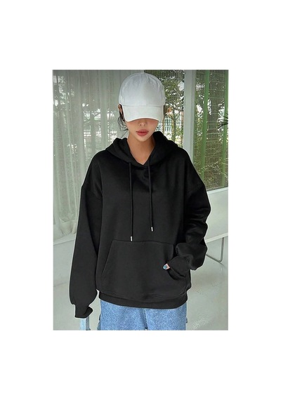 Kadın Kapüşonlu Kanguru Cepli 3 İplik Pamuklu Oversize Hoodie Sweatshirt - Siyah