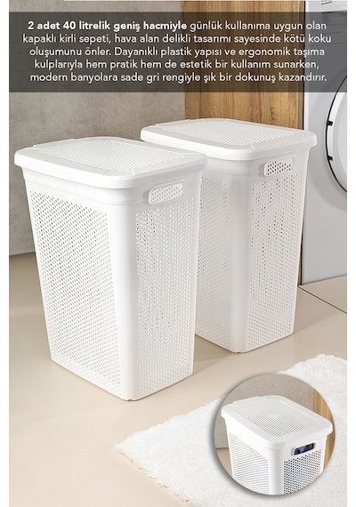 2'li Kirli Çamaşır Sepeti Seti - 40 Litre Kapaklı Delik Detaylı Stash Slim Kirli Sepeti Beyaz Beyaz