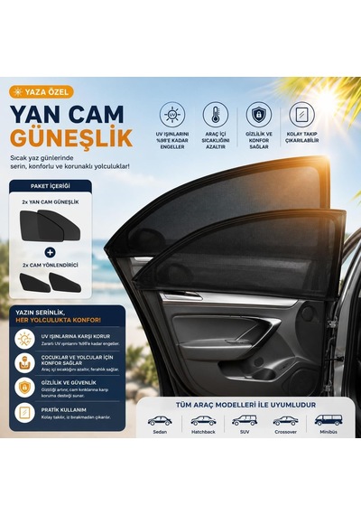 Oto Yan Cam Perdesi, Araba Cam Perdesi, Otomobil Camı Güneşliği,güneşlik Araba 2 Paket Siyah Genel
