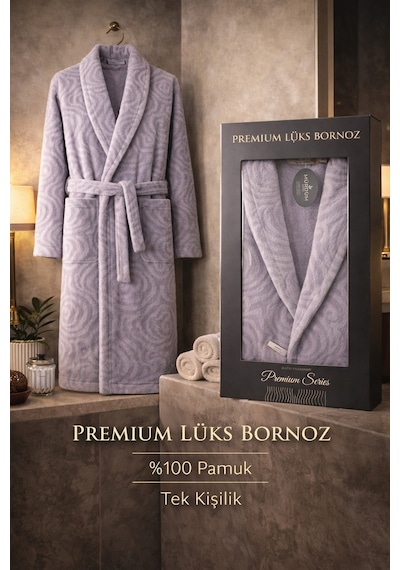 %100 Pamuktan Üretim Premium Lüks Bornoz Özel Çantalı Lila