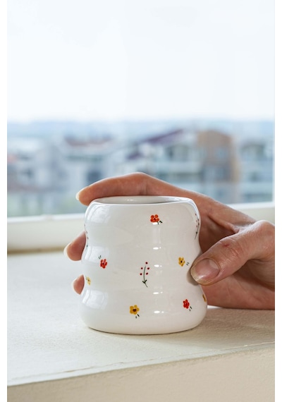 Rivaistanbul Minimal Çiçekler Amore El Yapımı Seramik Double Kahve Bardağı Mug Kupa Krem