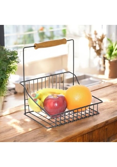 Retro Ferforje Tek Sepet, Ahşap Kulplu Mutfak Banyo Salon Ofis Düzenleyici Sepet Organizer Siyah, 20x20 Cm Diğer
