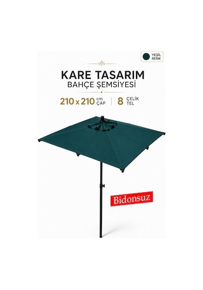 Alubrella Yeşil Kare Bahçe, Güneş Şemsiyesi 210x210/8 Çelik Tel Bidonsuz