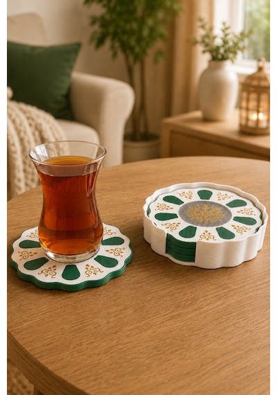 Geleneksel Türk Çay Tabağı Motifli 4 Lü Bardak Altlığı Seti Standlı - Dekoratif Bardak Altlığı - Yeşil Set Diğer