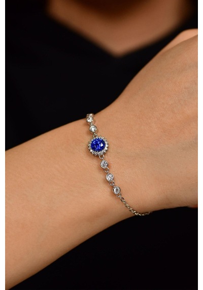 Safir Taşlı Rodyum Yuvarlak Anturaj Gümüş Bileklik B10021