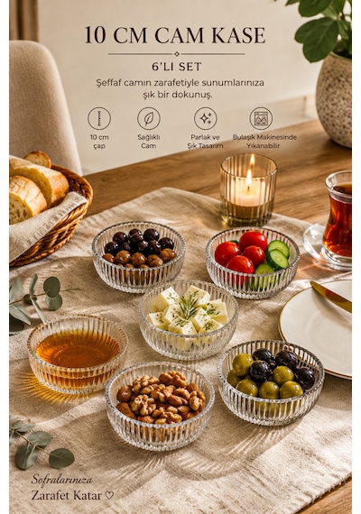 Porsima 13877-2 Vanes 6'lı Floren Cam Sunum Kasesi 10 Cm Çerezlik, Reçellik, Puding Ve Kahvaltılık Kase Seti Şeffaf