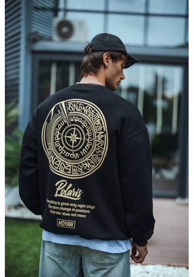 Yake Store Kışlık Bisiklet Yaka Ön Ve Arka Baskılı Sweatshirt - Siyah - Siyah