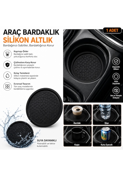 Araba Bardak Altlığı Silikon Araç İçi Kaymaz Telefon Para Malzeme Tutucu Siyah Renk 65 Mm 2 Adet Takım