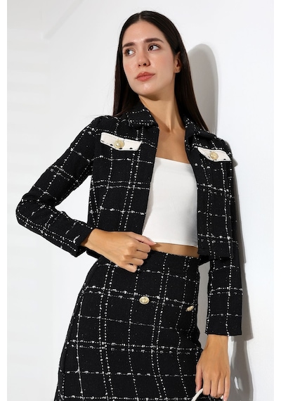 Mois Atelier Siyah Tüvit Uzun Kol Crop Ceket Gold Düğme Detaylı Midi Kalem Etek Takım Tesettür Siyah