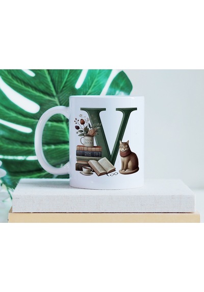 V Harf Kedi Ve Kitaplar Figürleri İle Kupa Bardak - Kitap Ve Kedi Severlere Özel - Manevi Hediye Beyaz
