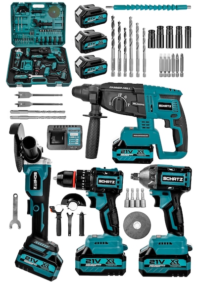 Schatz 21v Darbeli Kömürsüz Kırıcı Delici Hilti & Taşlama & Matkap & Somun Sıkma Sökme 4'lü Set Mavi