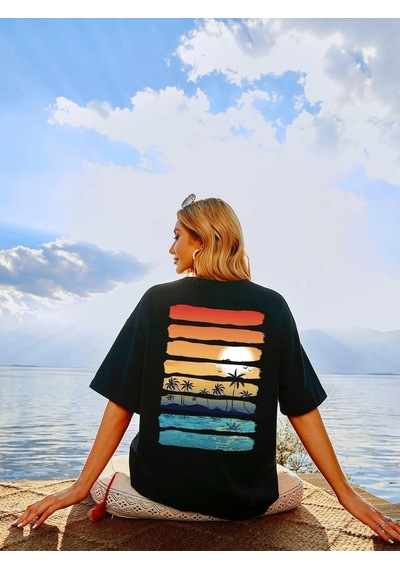 Kadın Örme Palm Tree Basklı Siyah %100 Pamuk T-shirt. Siyah